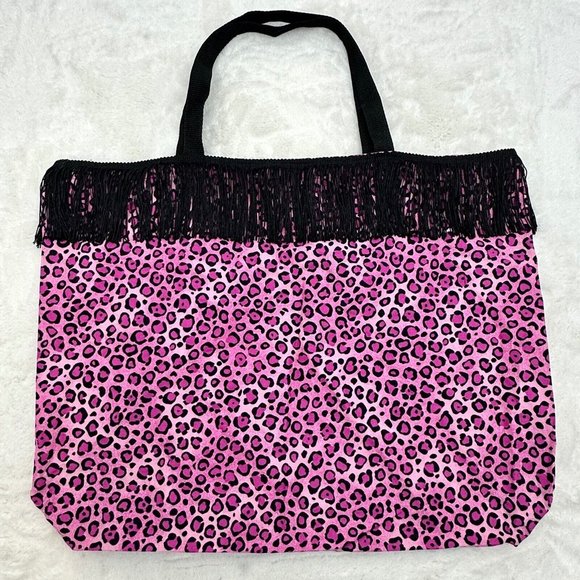 Handmade Handbags - Handmade Pink Leopard Spot With Black Fringe Shopping Bag